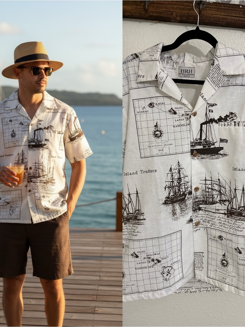 HRH Hawaii Hawaiian Aloha Shirt L Brown White Island Map Ship Print Button Front